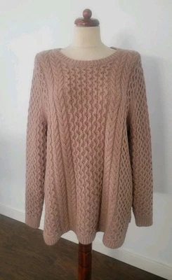 Lands End Mocha Brown Cableknit Fishermans Cotton/wool Blend Tunic Sweater XL 18 - Image 1 of 4
