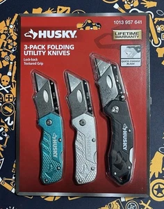 Husky 3 Pack Folding Utility Knives 1013 957 641 Lock Back Textured Grip New - Picture 1 of 3