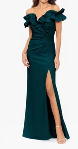 $249 Xscape Women's Pandora Ruffle Scuba Crepe Evening Gown Dress Pine green 16 - Picture 1 of 7