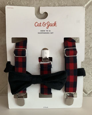 Галстук-бабочка и подтяжки для мальчика Cat & Jack комплект красный черный клетчатый - один размер подходит большинству - Изображение 1 из 4