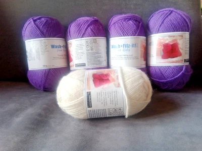 500g Schachenmayr Filzwolle Wash+Filt-it! Fine Kids für 5er Nadeln lila und weiß - Bild 1 von 3