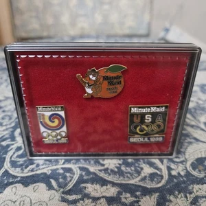 3 Collectable Enamel  Minute Maid Pins from the 1988 Olympics Seoul Korea Box  - Picture 1 of 6