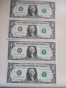 1969 D $1.00 Federal Reserve Notes (4) Consecutive Serial Numbers - Choice UNC - Picture 1 of 3