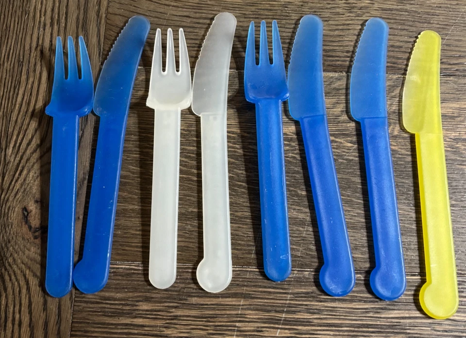 Lot of 8 Kids Lunch Box Utensils – Blue, Clear & Yellow Plastic Forks & Knives – - Image 1 of 1