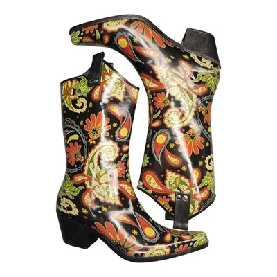 Botas de Lluvia Nomad Yippy Para Mujer Talla 8 Multi Paisley Goma Impermeables Pull On Usadas en Excelente Condición Foto 1 de 4