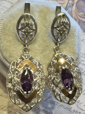 Impresionantes pendientes de plata 925 y oro de 10 k púrpura circonita cúbica de Europa del Este #1484 Foto 1 de 4
