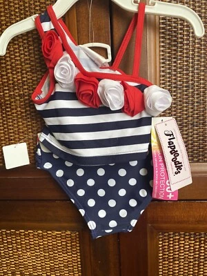 Flapdoodles 2 Piezas Traje de Baño Rojo Blanco Azul UPF 50+ Forrado Niñas Nuevo Foto 1 de 3