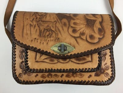 Винтажная мексиканская кожаная сумочка ручной работы с оленем цветком желтовато-коричневая - Изображение 1 из 4