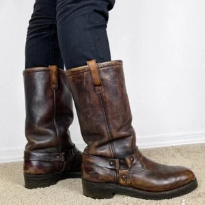 Vintage Leather Harness Boots Deer Skin Lined 1950s 1960s Mid Century Work - Picture 1 of 6