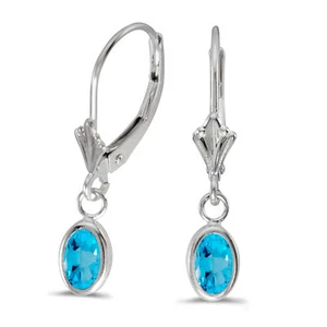 14k White Gold Oval Blue Topaz Bezel Lever-back Earrings - Picture 1 of 3