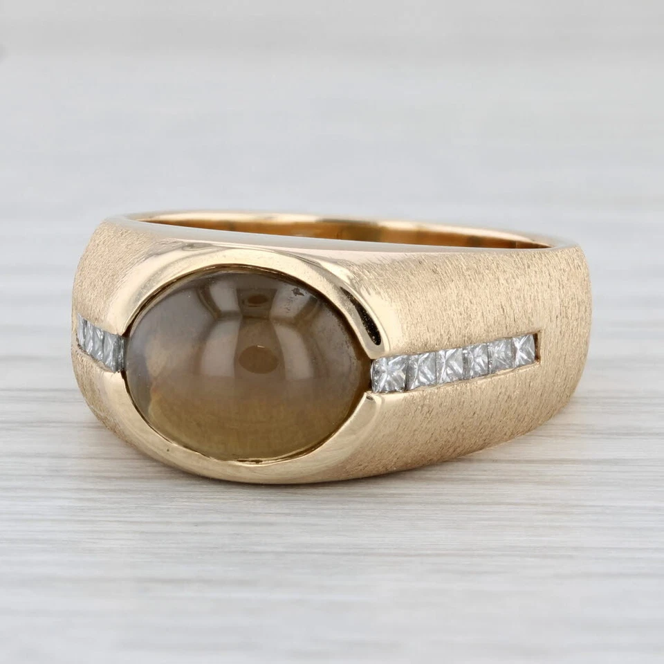 Anillo de diamantes crisoberilo ojo de gato marrón oro amarillo de 14 k talla 10,5 para hombre GIA Foto 1 de 4