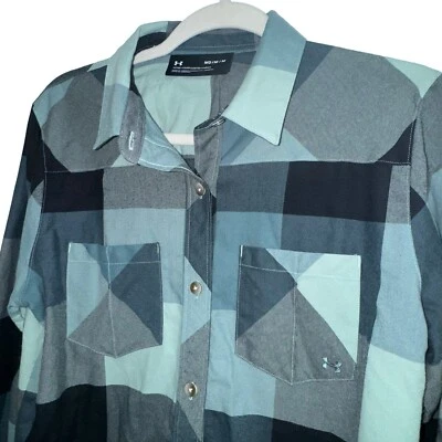 Camisa de franela Under Armour para mujer mediana azul negra a cuadros calce suelto botón delantero Foto 1 de 4