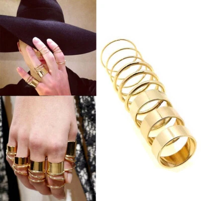 Set of 9pcs Gold Tone Punk Wide Band Ring Knuckle Midi Mid Rings Set Girl Gift - Image 1 of 4