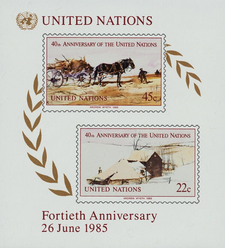 ONU Nueva York #MiBl8 MNH 1985 Aniversario Wyeth Horse Carriage Nations [449] Foto 1 de 1