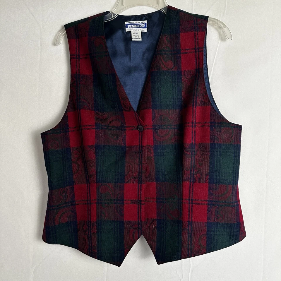 Vintage Pendleton Women's Multicolor 100% Wool Holiday Button Plaid Vest -SZ 14 - Image 1 of 4