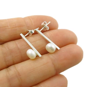 Sterling Silver Pearl Earrings 925 Long Stick Drop Design in a Gift Box - Picture 1 of 5