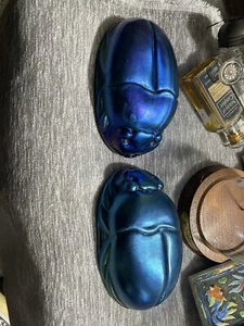 Pair Of Tiffany Studios Style Iridescent Favrile Glass Scarab Paperweights - Picture 1 of 21