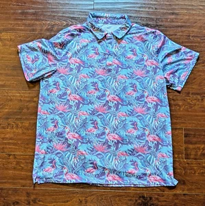 ISEEGZ Herren XL Kurzarm lila blau Flamingo Palmen leichtes Polo Golf Shirt - Bild 1 von 7