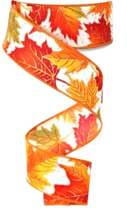 Herbstblätter 1,5" mal 2 Yard Drahtband Glitzer Orange Gelb Grün auf Elfenbein - Bild 1 von 4