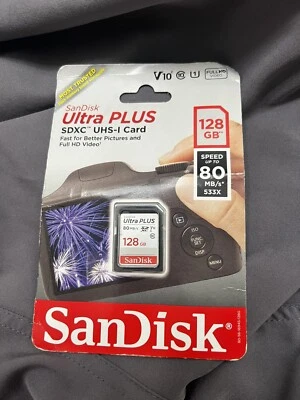 NEW Sandisk 128GB Ultra Plus SDXC UHS-I V10 Card 128G SD HD Class 10 80MB/s - Image 1 of 3