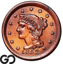 1852 Large Cent, Braided Hair, Very Lustrous