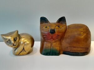 Atomic Cat Figurine Lot Of 2: Seiden Brass & Giftware & Painted Carved Wood MCM