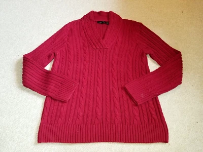 Suéter para mujer-JEANNE PIERRE-dk rojo cable tejido algodón cuello en V con cuello pols-L Foto 1 de 4