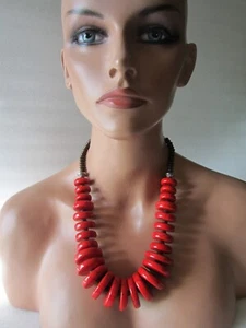VTG NATIVE AMERICAN INDIAN KEWA PUEBLO DESIGN FAUX CORAL BEAD STATEMENT NECKLACE - Picture 1 of 12