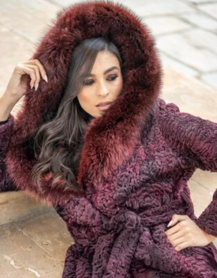 Women's Burgundy Real Persian Lamb Fur Coat Real Mink Fur collar Presale - Image 1 of 4