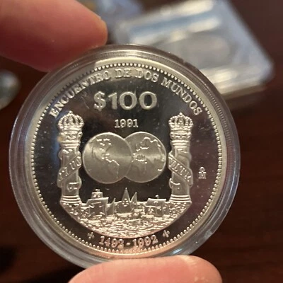 Moneda PLATA MEXICO 100 1991 ENCUENTRO DE DOS MUNDOS 1492-1992 Libertad Inspired - Image 1 of 4