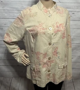 Vintage Pendleton Linen Blend Blouse Large Tan Pink Blue Floral Button Down Top - Picture 1 of 14