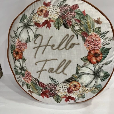HELLO FALL Embroidered Flowers & Pumpkin Decorative 18" Round Pillow Velvet Back - Image 1 of 4