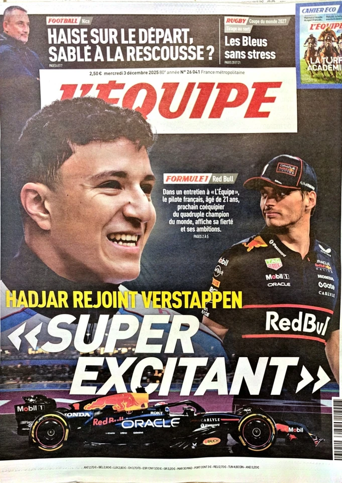 ​🏎️ JOURNAL L'ÉQUIPE 03/12/2025 HADJAR REJOINT VERSTAPPEN ! L'Exploit F1 NEUF - Photo 1/1
