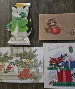 Vintage Weihnachtskarten 4 Stück - gebraucht - Mid Century USA, älterer Gruß, Katzen, Kätzchen - Bild 1 von 14