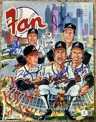 1993 Atlanta Braves Fan Magazine Signed By 5 Cy Young Guns Starters Beckett COA - Image 1 of 4