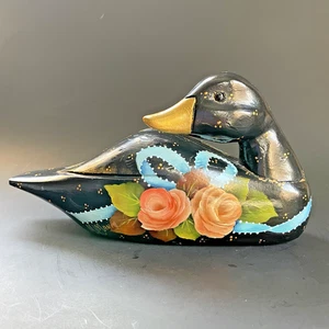 Vtg Hand Carved Painted Wooden Duck or Goose Signed ML MANN Floral Primitive - Picture 1 of 14