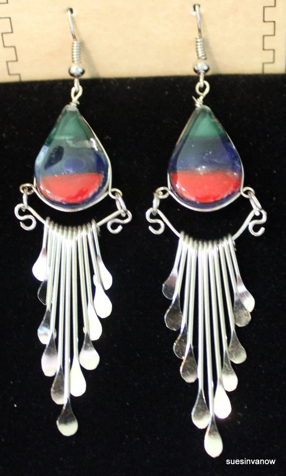 Pendientes lágrima de vidrio artístico hechos a mano gancho de gota de 3" informal divertido azul rojo F3 Foto 1 de 1