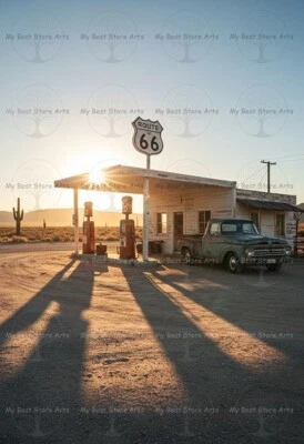 IMPRESIÓN ARTÍSTICA DE GASOLINERA DEL DESIERTO RUTA 66, póster americano vintage, decoración de viaje por carretera Foto 1 de 2