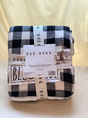 Rae Dunn BLESSED Black White Plaid Buffalo Check Throw Blanket Sherpa Collect - Image 1 of 4