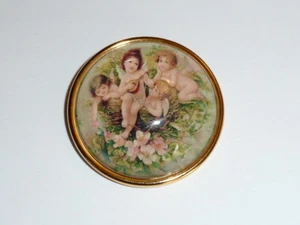 Musical Cherubs In Garden Flower Domed Shank Button 1-1/2" Gold Bezel - Bird - Picture 1 of 4