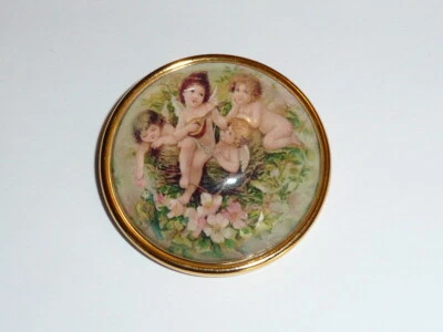 Musical Cherubs In Garden Flower Domed Shank Button 1-1/2" Gold Bezel - Bird - Image 1 of 4