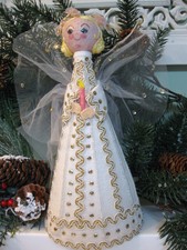 Vintage Cardboard Christmas Angel Tree Topper 11" Tulle Net Sequins Pearls Felt