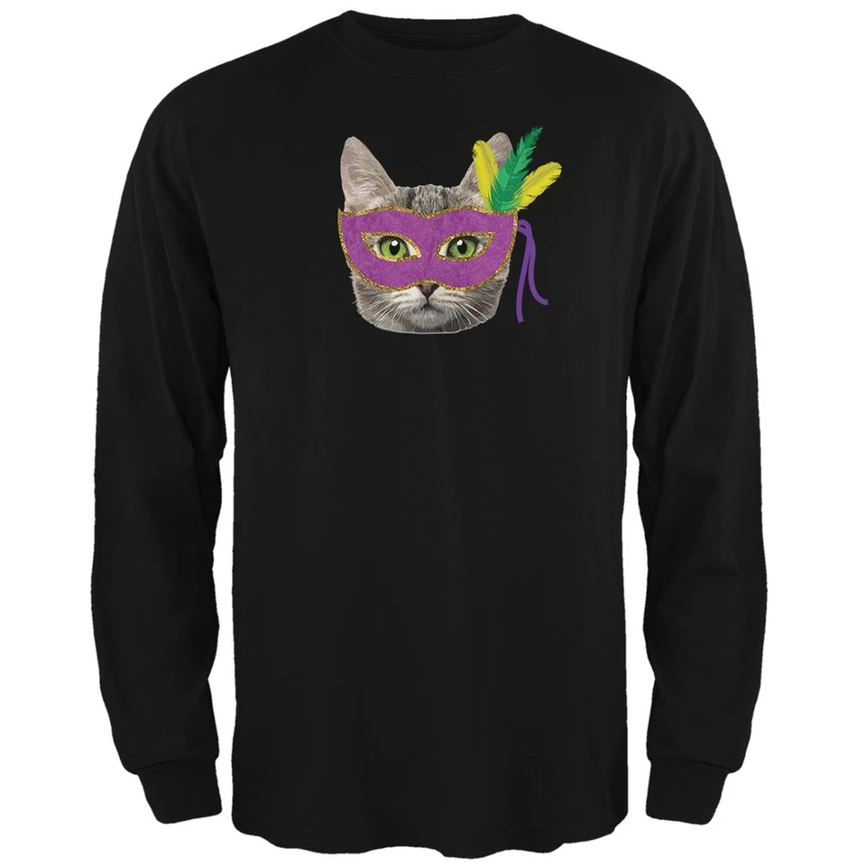 Mardi Gras Mask Funny Cat Black Adult Long Sleeve T-Shirt - Image 1 of 1