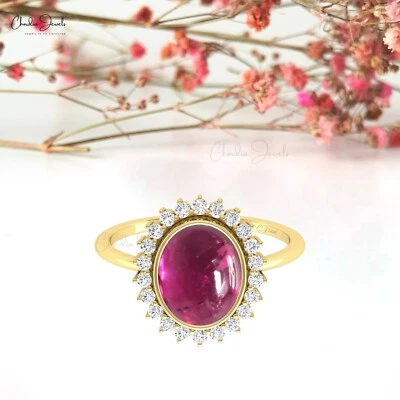 Diamond Halo Ring 3.4CT Oval Cab Natural Tourmaline Gemstone 14k Solid Gold Ring - Image 1 of 4