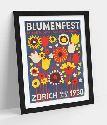 VINTAGE ZURICH FLOWER FESTIVAL POSTER -FRAMED WALL ART POSTER PAPER PRINT - image 1 of 4