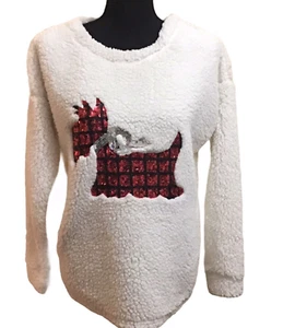 Womens Sz S Small Sherpa Scottie Dog Sweater Teddy Bear Style Sequins - Picture 1 of 5