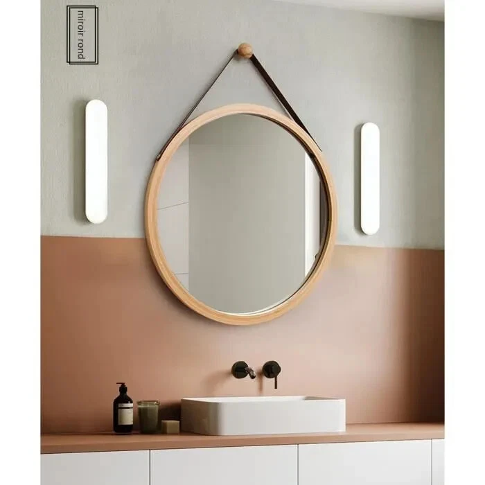 Miroir Mural Rond 45cm Design Moderne Avec Crochet Cadre Bois Bambou Naturel - Photo 1/4