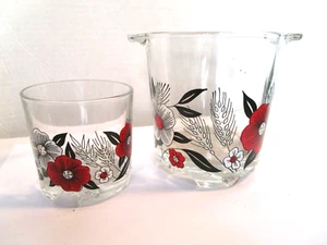 Vintage Red Floral 4-3/4" Glass Ice Bucket & 3" Water Tumbler Italy - Picture 1 of 9