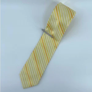 J.Ferrar Yellow Striped Tie with Tie Clip - Men's Necktie Business Casual Flaw - Picture 1 of 8