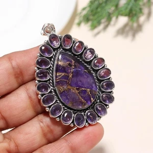 Purple Spiny Turquoise, Amethyst Gemstones 925 Sterling Silver Jewelry Pendant - Picture 1 of 4
